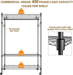 BATHWA Rolling Garment Rack with Adjustable Wire Shelf, 3 Tired Clothes Rack including 1 Clothes Hanging Bar, 1 Roating Hanger Hooks - Hold Up to 400Lbs (Black, 1Rod 1Hook)
