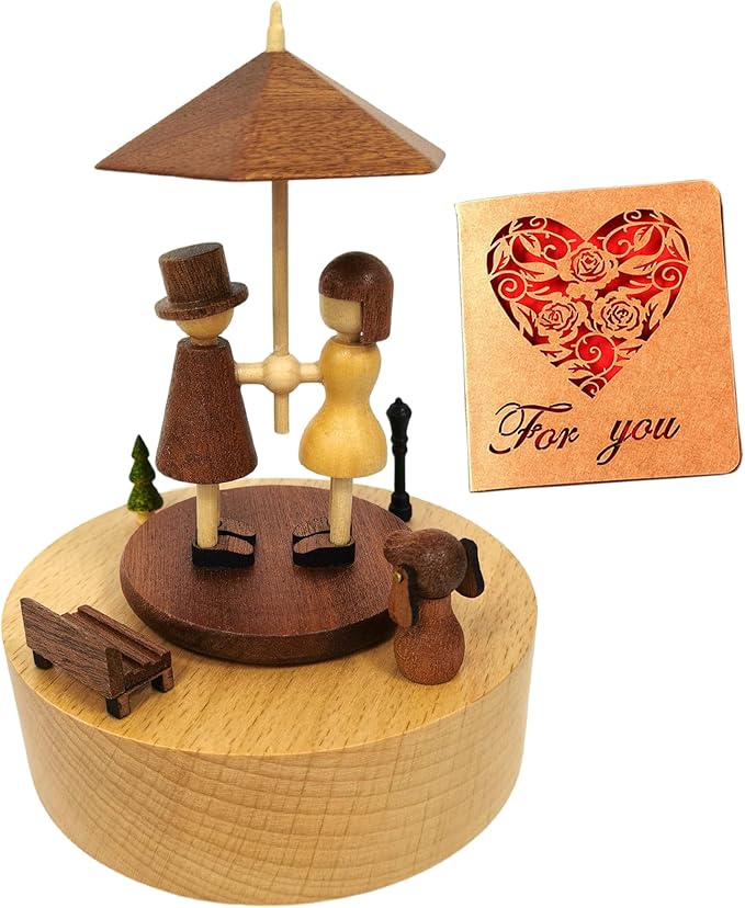 Briskfeel Wooden Music Box with Rotating Couple Holding up an Umbrella - Plays You are My Sunshine Mechanical Musical Box - Gift for Birthday, Valentine's Day, Wedding, Anniversary
