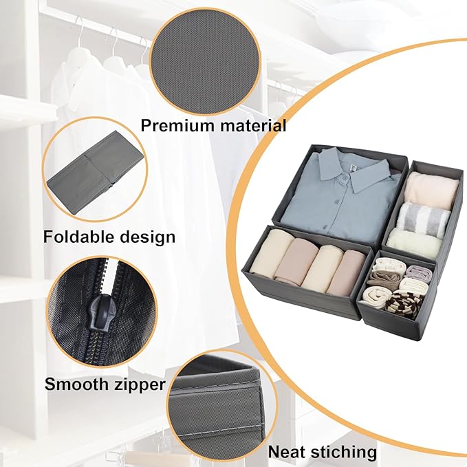 Washable Cloth Drawer Organizer, Set of 4 Foldable Sock Dresser Drawer Organizers Storage Boxes, Fabric Storage Boxes Closet Cabinet Organizer for Clothes (Gray, S+2M+L)