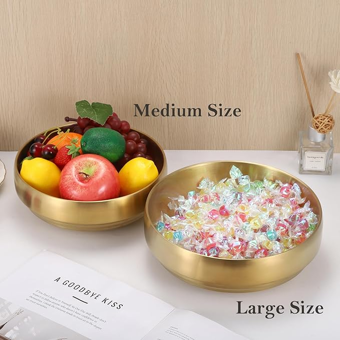 8.3" Golden Key Bowl for Entryway Decorative Key Holder Round Fruit Dish Stainless Steel Catch All Bowl for Coffee Table Kitchen Counter Home Decor