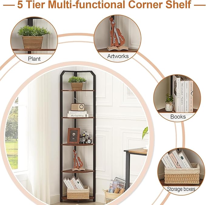 MNEETRUNG Corner Shelf, 5-Tier Industrial Corner Bookshelf, Freestanding Corner Shelf Stand with Metal Frame, Open Corner Plant Stand for Small Space, Home Office, Living Room, Bedroom, Brown