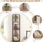 MNEETRUNG Corner Shelf, 5-Tier Industrial Corner Bookshelf, Freestanding Corner Shelf Stand with Metal Frame, Open Corner Plant Stand for Small Space, Home Office, Living Room, Bedroom, Brown