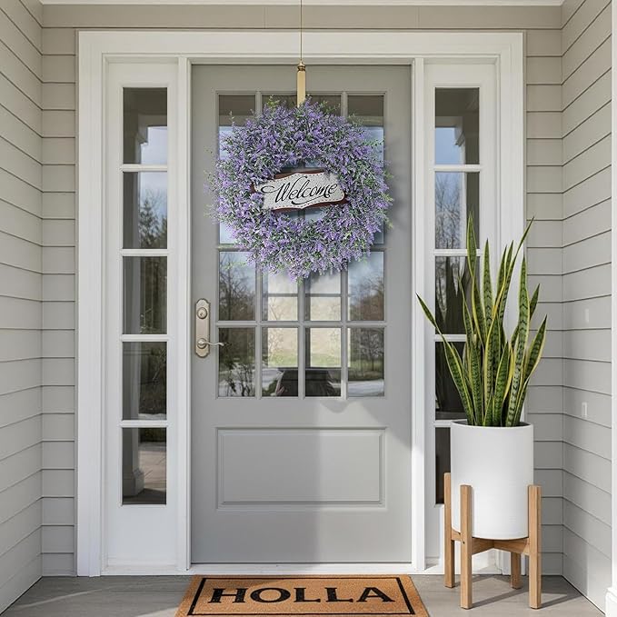 26" Artificial Lavender & Eucalyptus Wreath with Welcome Sign for Front Door, Porch, Window - Large Greenery Outdoor Wreath for Home, Farmhouse Decor - Spring, Summer, All Seasons (Purple)