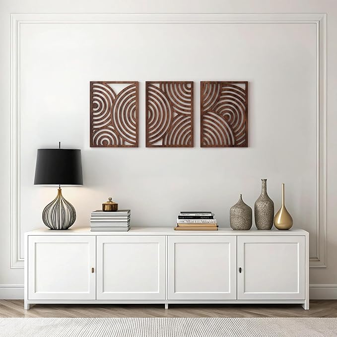 qmmp Modern Wooden Wall Sculptures - Set of 3 - Home Decor Accent - Large Wall Art for Living Room, Bedroom, Office - Easy Installation (Walnut, Large - Orbit)