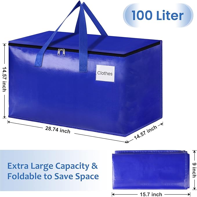 Moving Bags, Storage Bags with Sturdy Handles and Heavy Duty Zippers, Storage Totes for Space Saving, Moving & Storage, Collapsible Moving Supplies(100L, 4-Pack, Blue)