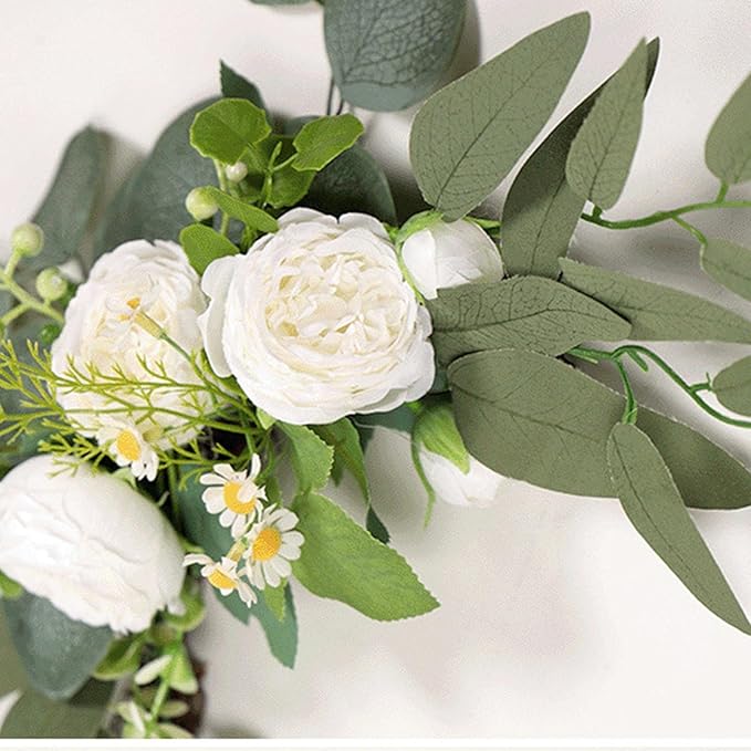 2 Pieces Front Door Hanging Wreath Artificial Peony Flower Swag with Green Leaves Silk Vine Garland Decorative for Arches Suitable for Kitchen Wall