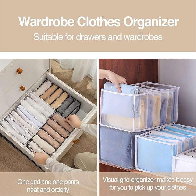 Wardrobe Clothes Organizer, 7 Grids Washable Portable Closet Organizer Mesh Separation Storage Box Foldable Closet Drawer Organizer for Underwear, Socks, Scarves, Jeans (Grey, 4 Jeans Grid)
