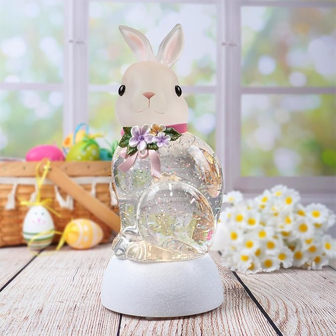 Spring Rabbit Snow Globe Lantern, Rabbit Snowglobe Decor with Swirling Glitter, 6H Timer, USB or Battery Powered, Bunny Decoration for Spring Party Easter Day Decor and Gift (Rabbit)