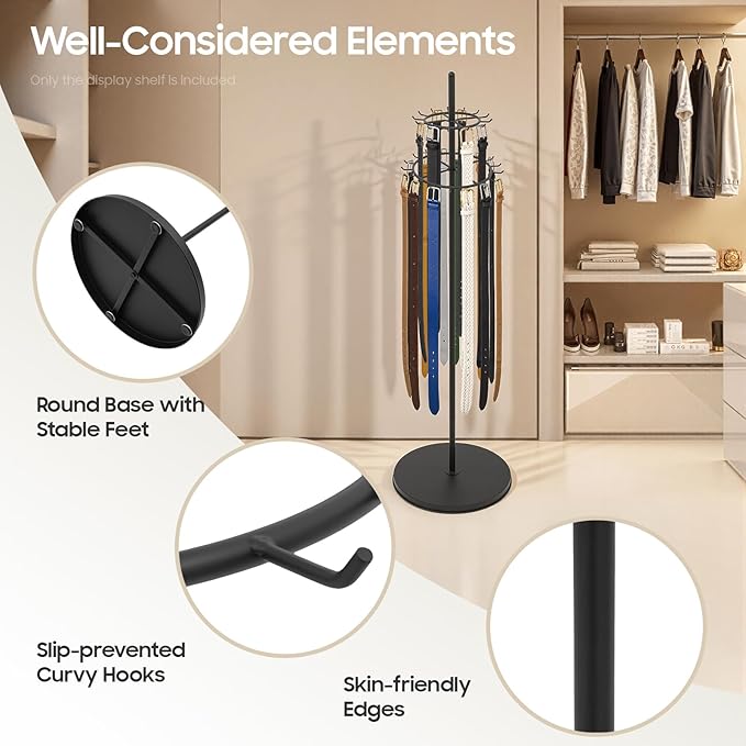 Floor Standing Belt Display, 66 Inch Tie Rack Belt Display Shelf with 31 Hooks, Adjustable Feet Belt Display Stand for Clothing Stores, Retail Stores (Black)