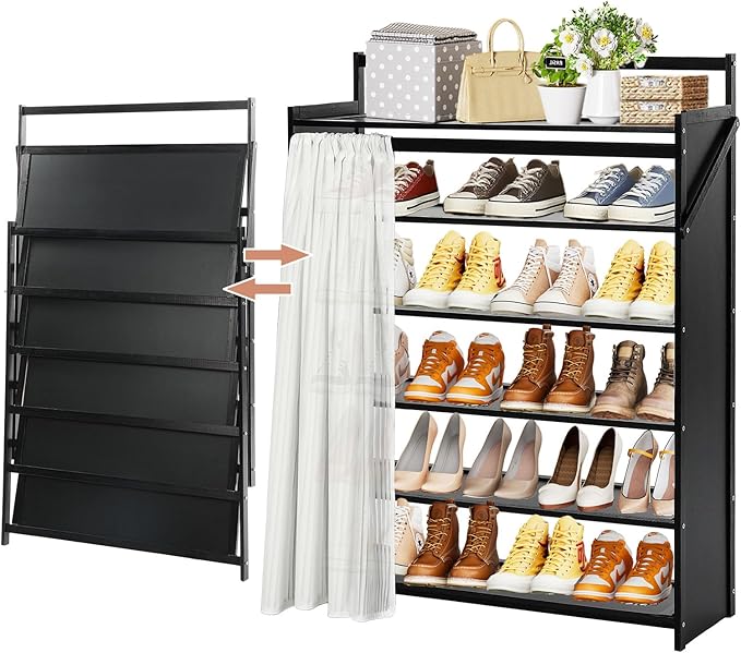 Easy Install Wooden Shoe Rack with Privacy Curtain - 6-Tier Foldable Shoe Storage Organizer, Unfold & Tighten to Use, Sturdy Wood Shoe Shelf for Closet Entryway Hallway Small Space
