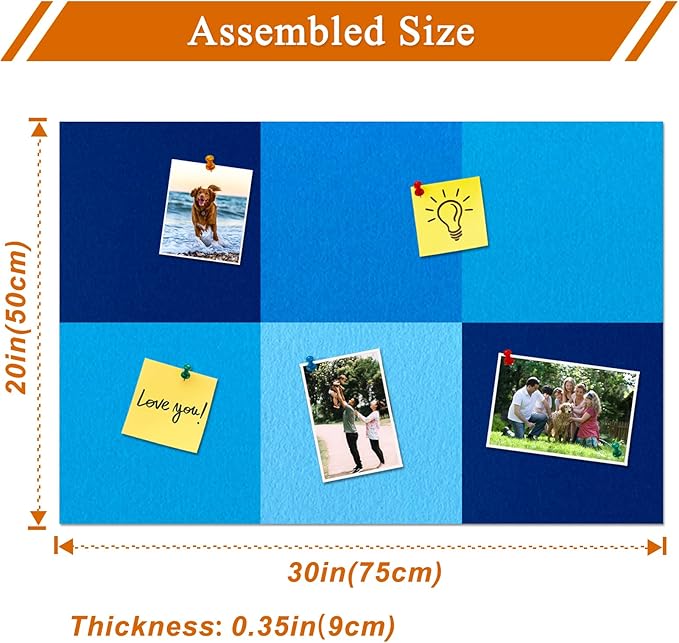 Square Felt Cork Bulletin Board Tiles, Self Adhesive DIY Felt Pin Board for Wall 30" x 20" with 35 Pushpins for Office School Home Wall Decor Stickers Memos Photos Display (Gradual Blue)