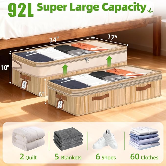 Livole Bamboo Under Bed Storage, 6-10 inches Height Adjustable Underbed Storage Containers, 92L XXXL Large Under Bed Storage Bins with Clear Lid & Label for Clothes, Blankets, Sweater, Shoes, 1 Pack