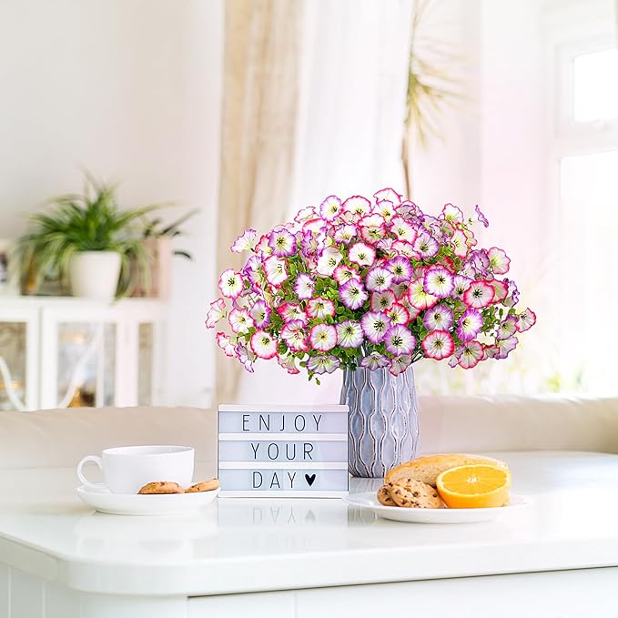 Artificial Flowers for Outdoor Spring Summer Decoration, 10 Bundles Fake Plastic Flower Plant, Faux Colorful Silk Morning Glory Eucalyptus for Outside Garden Porch Front Door Decor, Pink