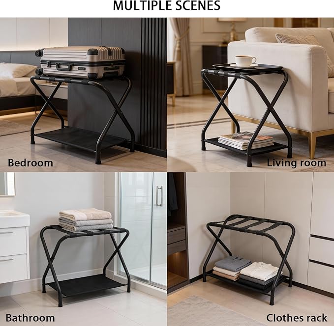 2 Pack Luggage Rack with Storage Shelf, Steel Folding Suitcase Stand, Portable Luggage Stand for Indoor Bedroom, Living Room and Outdoor Camping, 27.5 x 14.2 x 20.7 Inches