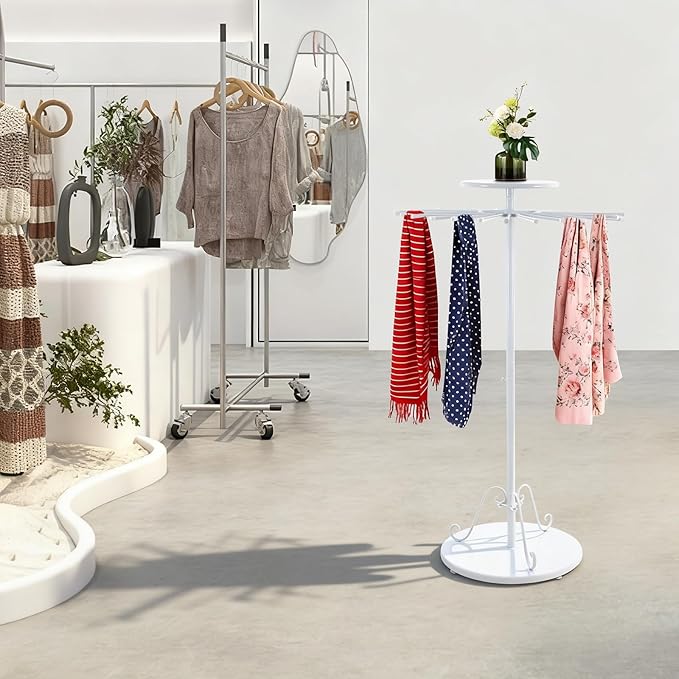 Scarf Display Stand, Commercial Hijab Organizer with 30 Rods, 360°Rotation Scarf Holder Display Rack Organizer for Boutique Retail Store, Apartment, Home Use (White, 27.6'')