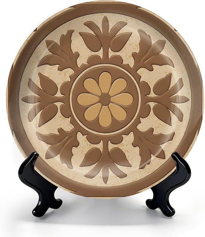 HABEN ARTWORK 10" Ceramic Plates for Display Geometric Floral Brown Tan Tones Decorative Tile Decorative Plate with Stand and Hook for Kitchen Dining Room Wall Hanging Decor