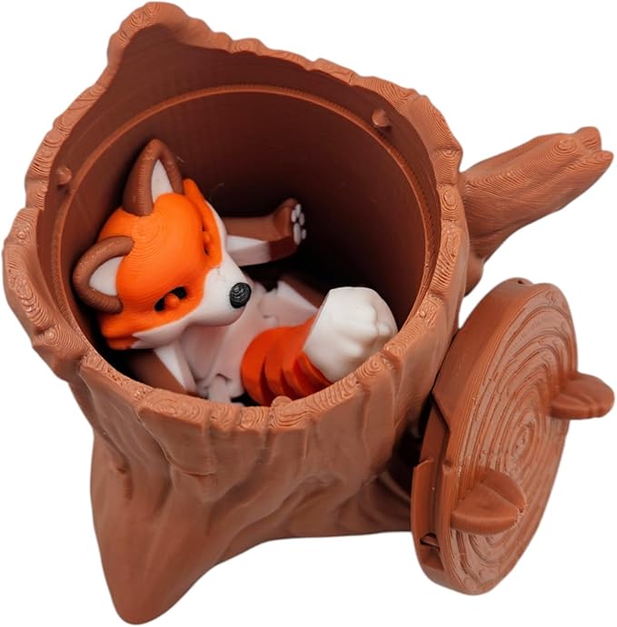 Articulating Animals Raccoon, Fox, Panda, Skunk, Possum with Containers - 3D Printed Articulated Joints ADHD, Autism, Relief Anxiety, Collectible Figurines (Fox Tree Stump)