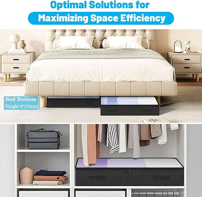 4 Inch Low Profile Under Bed Storage Drawer 2 Pack, Lightweight Underbed Clothes Storage Container Bins with NO STURCTURE, Shallow Storage Bag for Dorm & Home, With Clear Lids & Water-Resistant Fabric