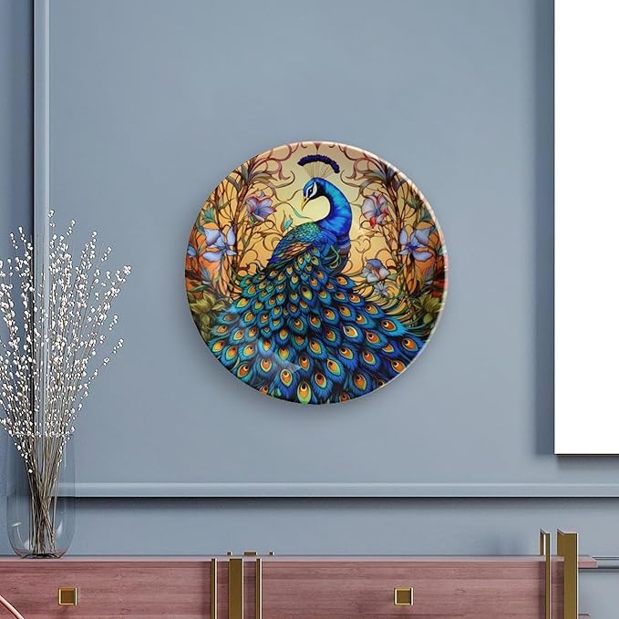 Decorative Plates, Stained Glass Design Peacock & Flower Ceramic Dinner Plate Home Wobble-Plate with Display Stand, Wall Hanging Decor for Kitchen Household 7 Inch, Gifts for Peacocks Lover