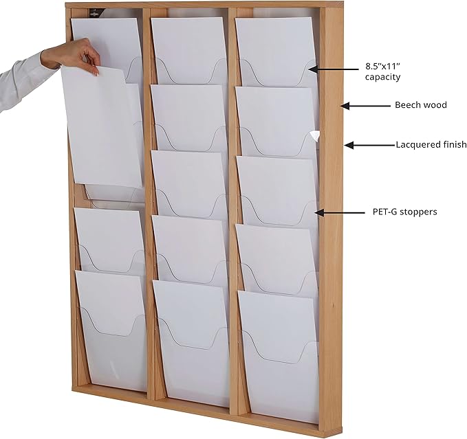 M&T Displays Wall Mount Natural Wood Magazine Brochure Rack Wooden Leaflet Literature Catalog Holder Easy Assembly Durable Clear PET G Pocket 15x(8.5x11) Inch for School Office Hospital Hotel Indoor