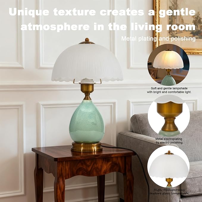 Table Lamps Ceramic Retro Lamp for Living Room,16.73" Modern Bedside Nightstand Traditional Lamps, Classic Chinoiserie Green Glass Lamp for Home (French Country)