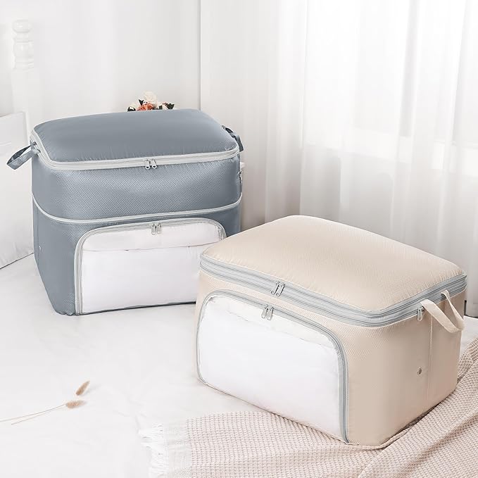 Comforter Storage Bag - Large Capacity Blanket Storage Bags Front-opening Ultra Space Saving Self Compression Organizer, Washable Compression Bags for Storage Comforter Blanket, 1 Pack, Beige
