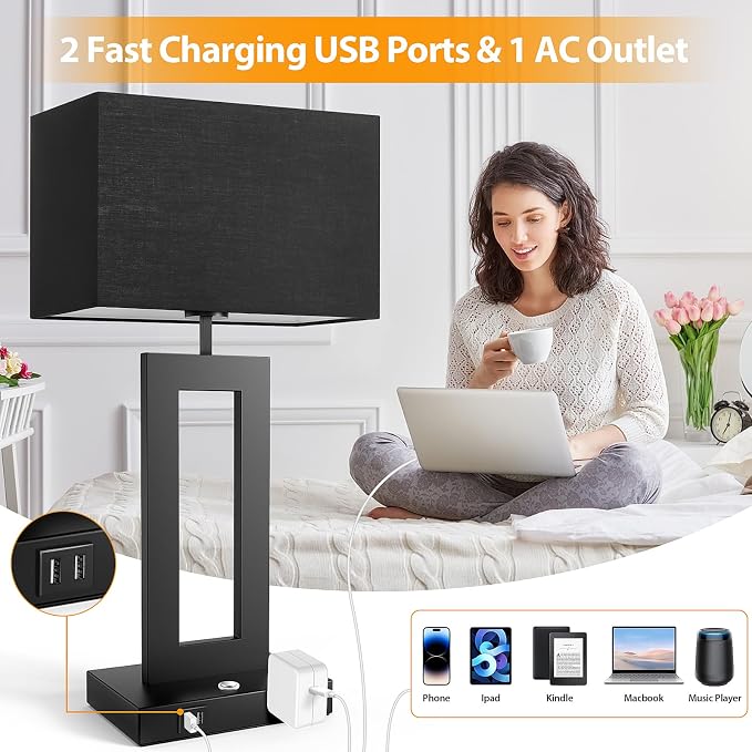 27.2’’ Tall Black Table Lamps for Living Room Bedroom, Bedside Touch Control Lamps with 2 USB Ports&AC Outlet, 3 Color Temp.&Stepless Dimming Desk Lamp Sets for Home Office, Pre-assembled Black Shade