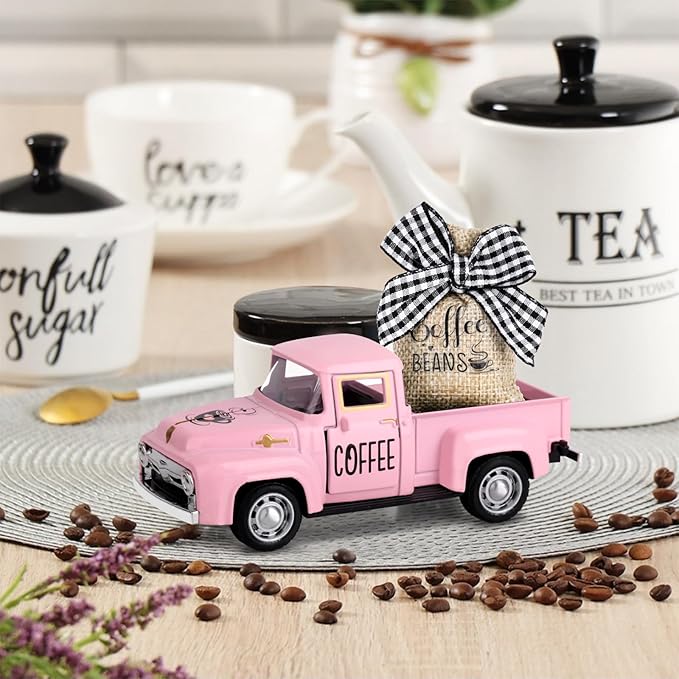 Hooqict Coffee Bar Decor Mini Metal Pink Truck with Coffee Beans Burlap Sack for Pink Home Farmhouse Kitchen Tiered Tray Decor Coffee Bar Accessories Coffee Station Vintage Pickup Valentines Day