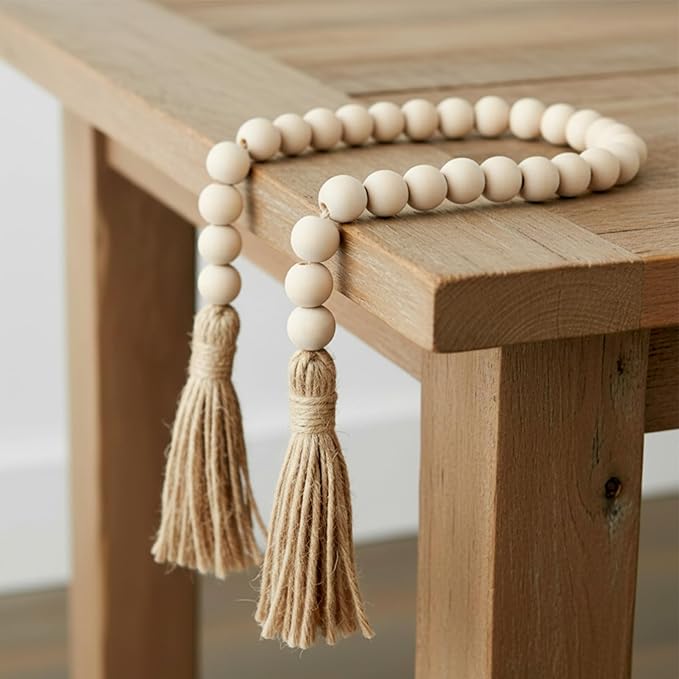 Wood Beads Garland with Tassels 33.86" Table Beads Natural Wooden Prayer Bead Rustic Country Boho Wall Hanging Decor for Boho Farmhouse Rustic Style Table Home Festival Decor