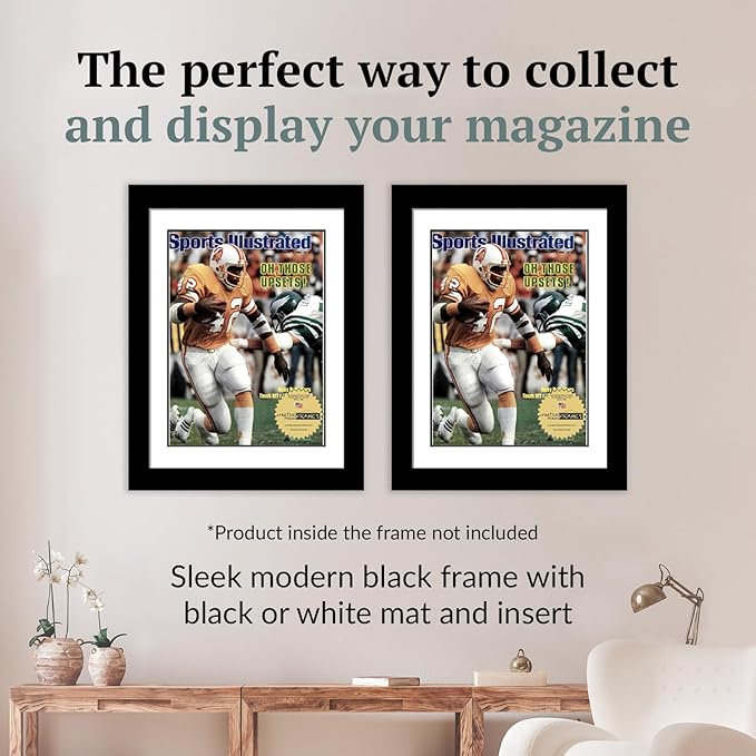 Creative Picture Frames 8 x 10.75 Magazine Frame with Full-Strength Glass, Holds Up To A 1/4" Thick Media with Installed Hangers for Easy Mounting, 10x12 Manhattan Black Frame with White Mat