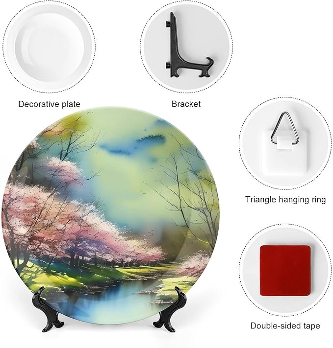 Decorative Plates for Home Decor, Spring Forest Painting Pink Blue Green Decor Tray for Table Display, Ceramic Dinner Plate w/Stand, Living Room Dining Room Decor, Housewarming Gifts, 6 Inch
