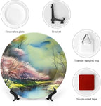 Decorative Plates, Spring Forest Painting Pink Blue Green Ceramic Dinner Plate Home Wobble-Plate with Display Stand, Wall Hanging Decor for Living Dining Room Kitchen Household 10 Inch
