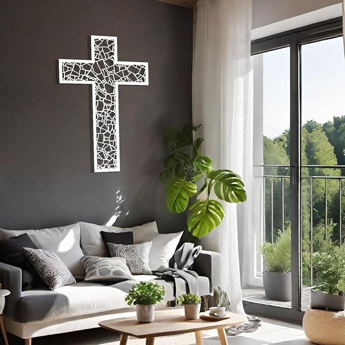 WORGO White Metal Cross Wall Decor Iron Christian Cross for Home Church, Hollow Out Artistic Hanging Ornament, Crosses Wall Decor for Living Room, Bedroom, Decorative Thankful Religious Gift 29.9x19.8 inch