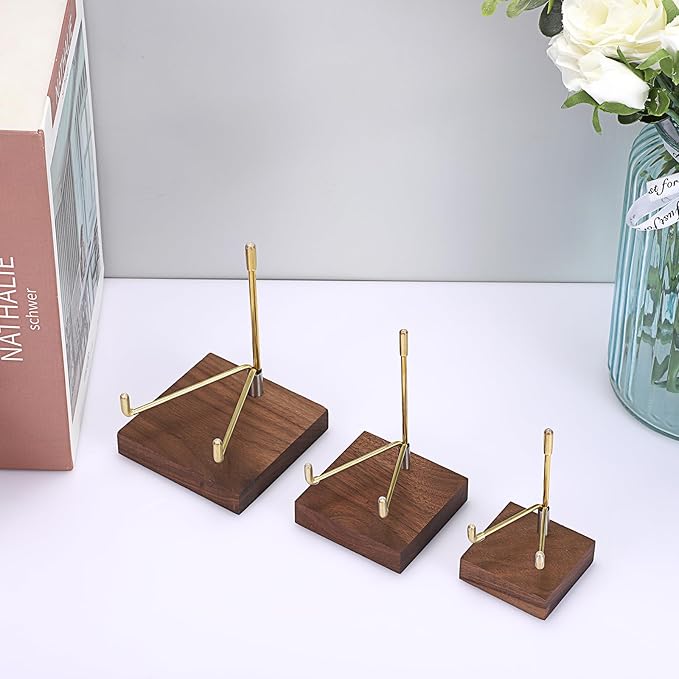 Hipiwe 2Pcs Wooden Base Display Stand Adjustable Metal Arms Display Stand Easel Decorative Plates Display Easel Holder for Crystal Fossil Slice Coral Geodes Rock Mineral Agate,Medium