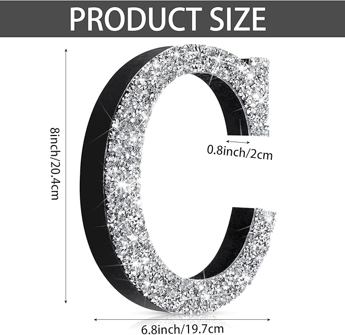 Qunclay 8'' Silver Crystal Diamond Bling Letters Crushed Diamond Decoration Wooden Glitter Letter with Screw and Hooks Rhinestone Gift for Wedding Y2k Mcbling Bedroom Wall Decor (Letter C)