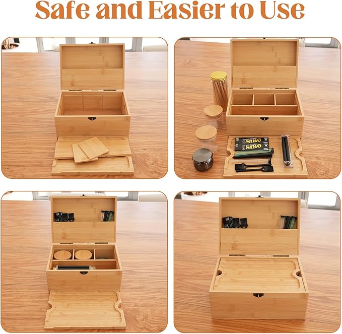 Large Bamboo Storage Box with Removable Tray Kit - Decorative Box Set, Glass Jars, and Accessories Wooden Storage Kit and Accessories Tool.Birthday Gifts