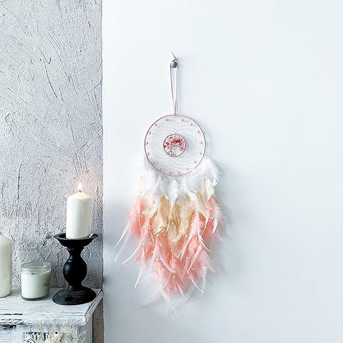 Dream Catcher, Handmade Dreamcatcher with Healing Crystal Stone, Tree of Life Dream Catchers Hanging Ornament for Home Bedroom Birthday Party, Perfect Craft Gift for Kids… (Pink)