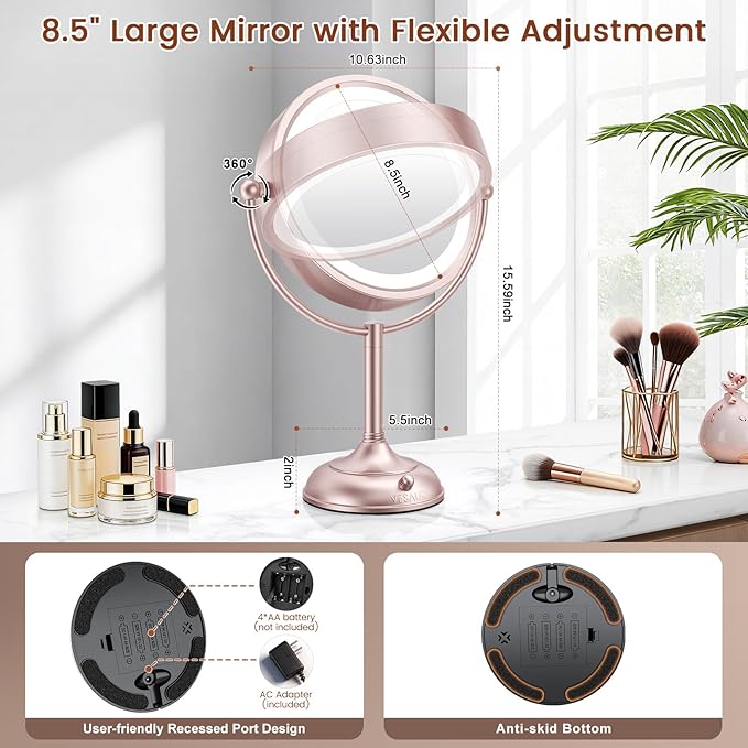 VESAUR Lighted Makeup Mirror Rose Gold Nickel, Double Sided 1X/10X HD Undistorted Magnifying Mirror, 8.5" Vanity Mirror with 3 Colors Dimmable 90 Bright LEDs, 360°Swivel Two Power Supply, Luxury Gifts