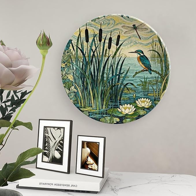Custom Gifts Ceramic Decorative Plate, William Morris Forest Plants, Birds And Lotus Flowers Hand-Painted Ceramic Decorative Plates Household Unique Art with Stand, Modern Decor for Farmhouse Office