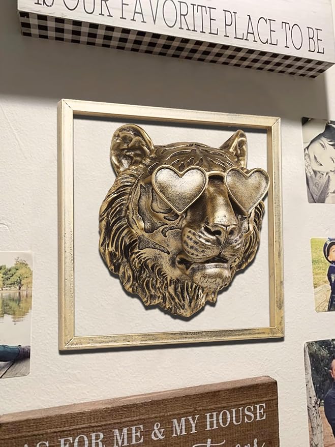 Newinhome Animal Heads Wall Decor (Includes Metal Frame) Resin Animals Sculptures Head Wall Hanging Decoration Gold vintage Wall Sculpture for Living Room Bedroom Office(Tiger)