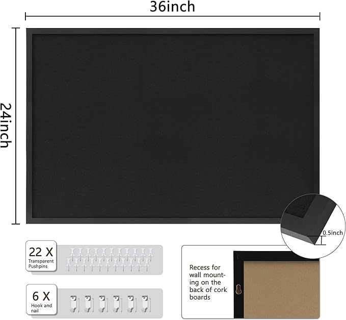 DAHAPYBOO Cork Board with Linen Black 2Pack,Bulletin Board 36"x24", Corkboards for Office Home School Message Board or Vision Board Decoration.