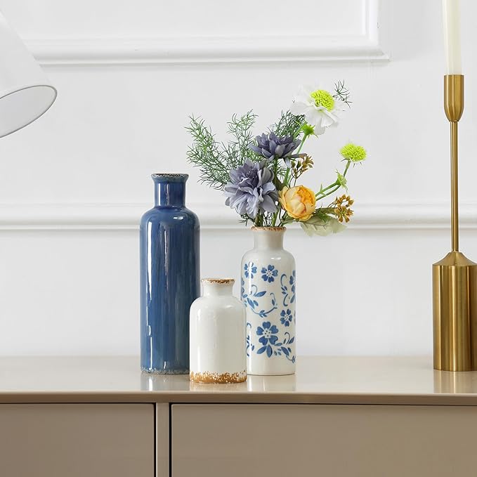 Ceramic Vases Set of 3, Blue and White Flower Decorative Vase for Farmhouse Shelves, Rustic Vase for Table Bookshelf, Living Room