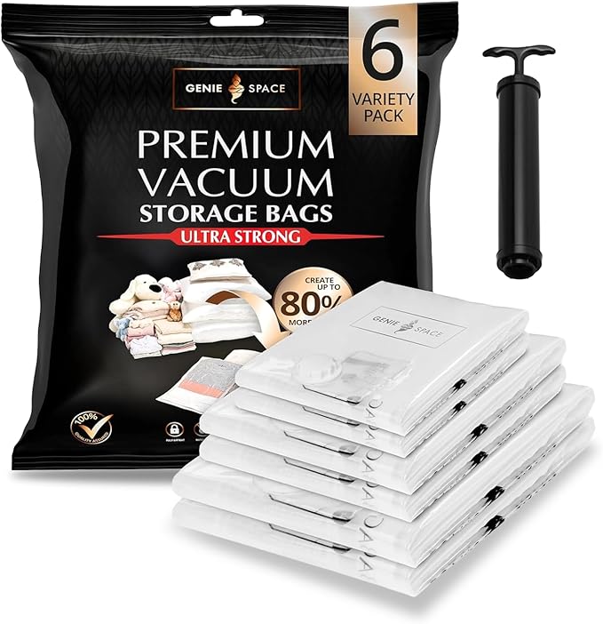 GENIE SPACE Premium Vacuum Storage Bags for Clothes, Bedding and Travel, Variety 6-Pack (2 XL + 2 L + 2 M), Airtight, Odor-Proof and Reusable Space Saver Bags with Double Zipper Seal and Hand Pump