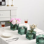 Square Green Glass Vases Set of 6, 5" x 5" x 5" Flower Vases for Centerpieces, Square Vase for Centerpieces, Small Vase for Wedding, Party, Home Office Decoration