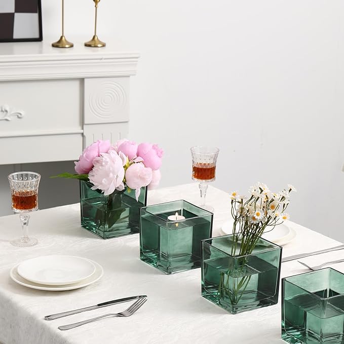 Square Green Glass Vases Set of 6, 5" x 5" x 5" Flower Vases for Centerpieces, Square Vase for Centerpieces, Small Vase for Wedding, Party, Home Office Decoration