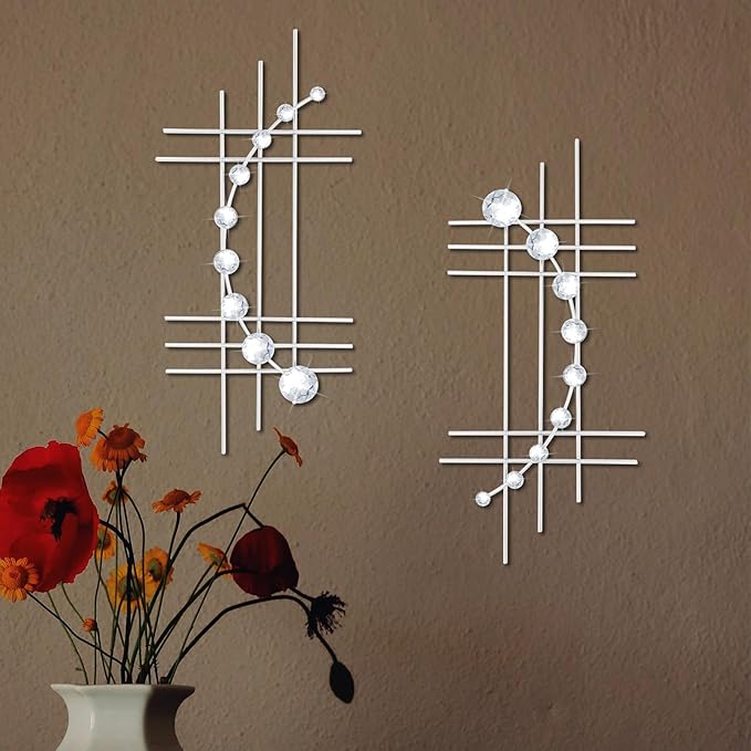 ZEXUIRU 2 Pcs Abstract Metal Art for Wall Decor Living Room Bedroom Bathroom Office Metal Bling Modern Geometric Hanging Vertical Small Iron Sculpture Plaque Pack -Silver 24in
