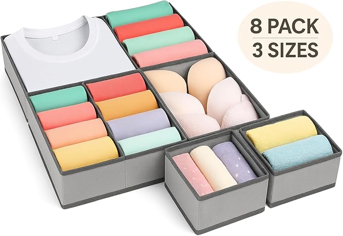 8-Pack Fabric Drawer Organizers – Foldable Closet Storage Bins for Clothes, Underwear, Baby Items & Bras | Dresser Drawer Dividers for Bedroom, Closet & Nursery Organization