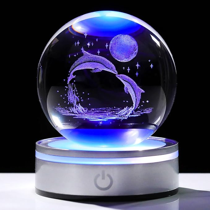 Movdyka Dolphin Gifts, Home Décor, Crystal Laser Etched Dolphin Glass Figurine, LED Light, Crystal Ball, for Kids and Adults, Blue