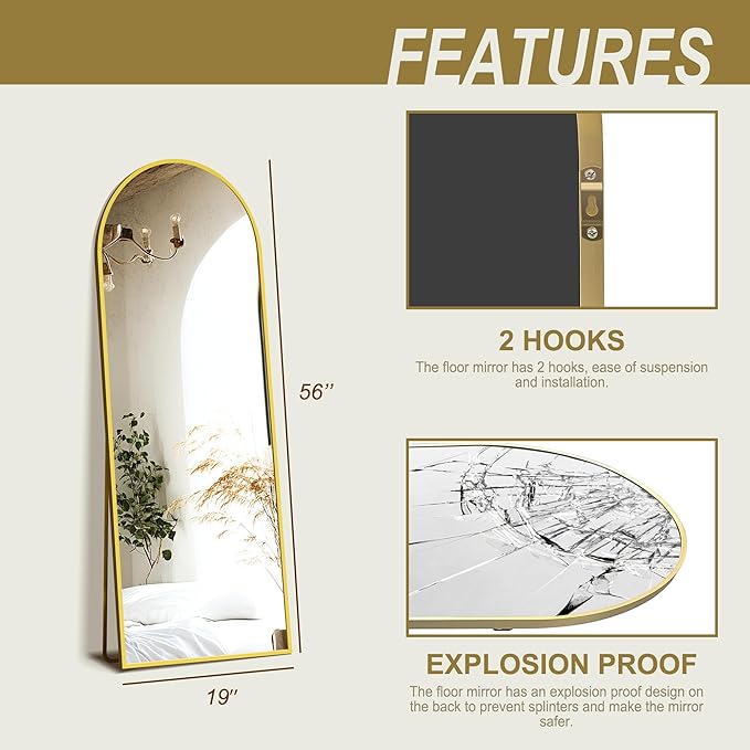 Delma Full Length Mirror, Large Floor Mirror for Wall, Bedroom, Bathroom, Living Room with Aluminium Frame (Stand, Arch 56x15-Gold)