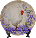 Rooster Decorative Plates, 10 Inch, Purple Wreath Around The Rooster Round Display Plate, Handmade Ceramic Ornament, for Wall Hanging Living Room Bathroom Decor Gift